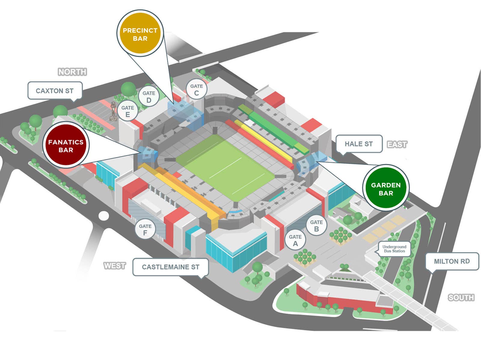 Speciality Bars Location A map of speciality bar locations at Suncorp Stadium including the Precinct Bar Fanatics Bar and Garden Bar