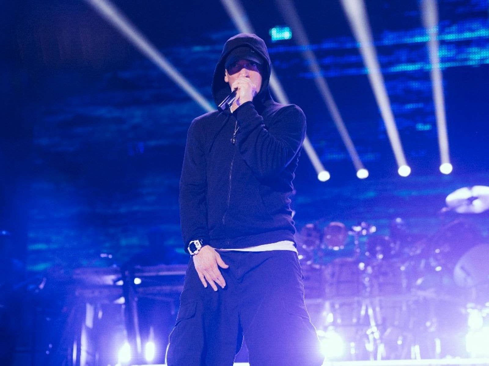 2014 - Eminem Eminem on stage at Suncorp Stadium during his Rapture Tour in 2014.