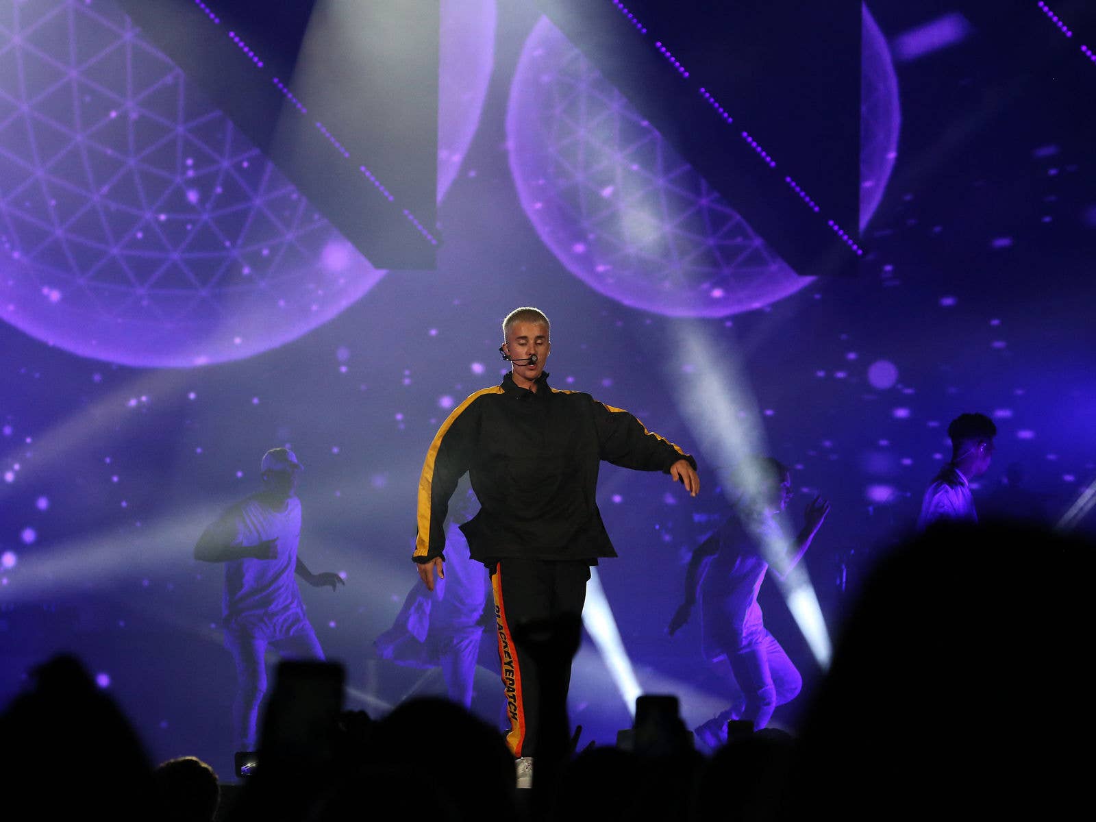 2017 - Justin Bieber Justin Bieber on stage at Suncorp Stadium during is Purpose Tour in 2017. PICS Marc Robertson.