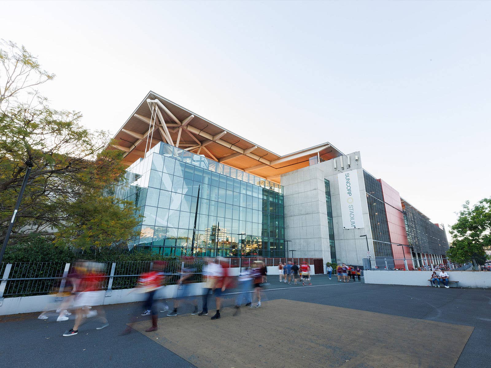 Active Travel The external south east corner of Suncorp Stadium with people walking around the plaza