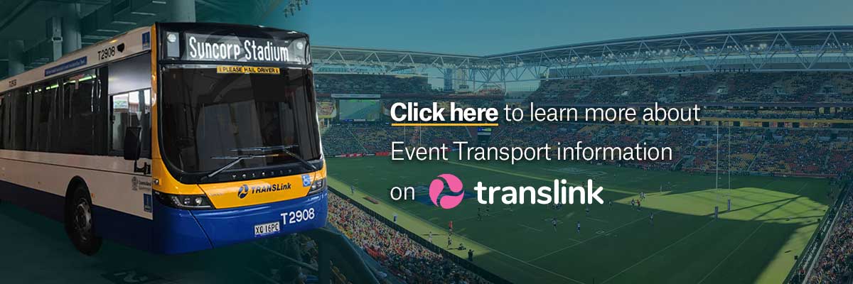 image of a bus heading to suncorp stadium with magic round image in the background and a call to action to click here to learn more about event transport information